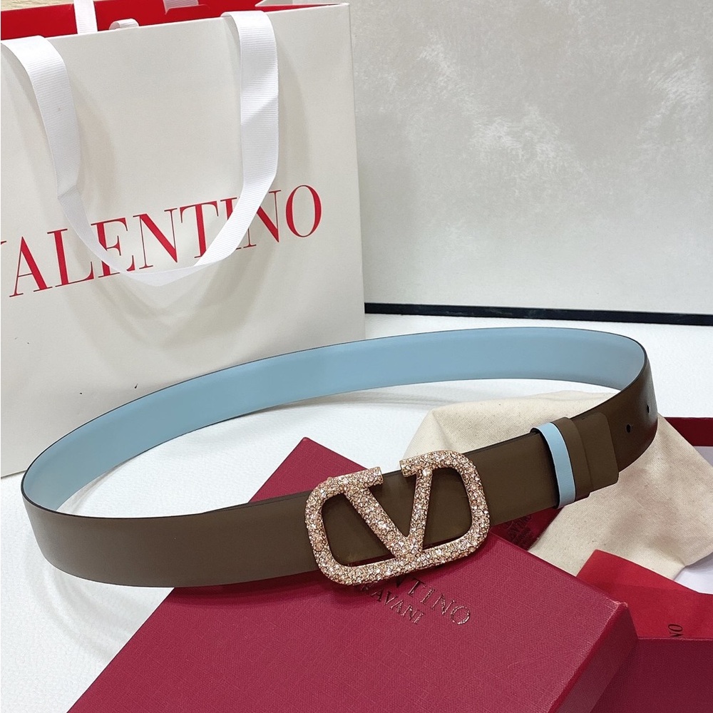 NEW Valentino VLOGO Signature Belt - Brown & Light Blue Reversible with Crystals